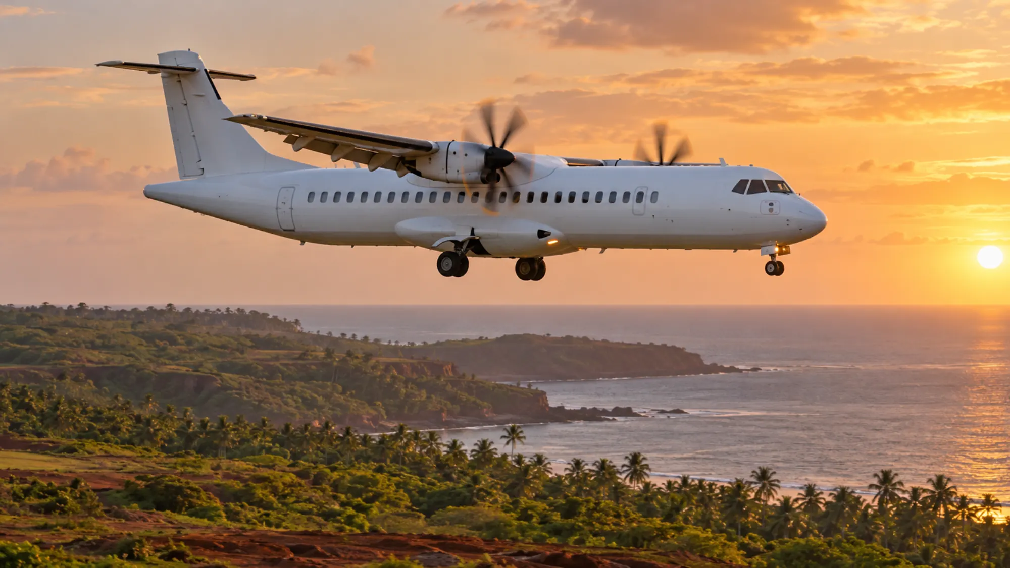 A turboprop airliner on approach over the Konkan coast